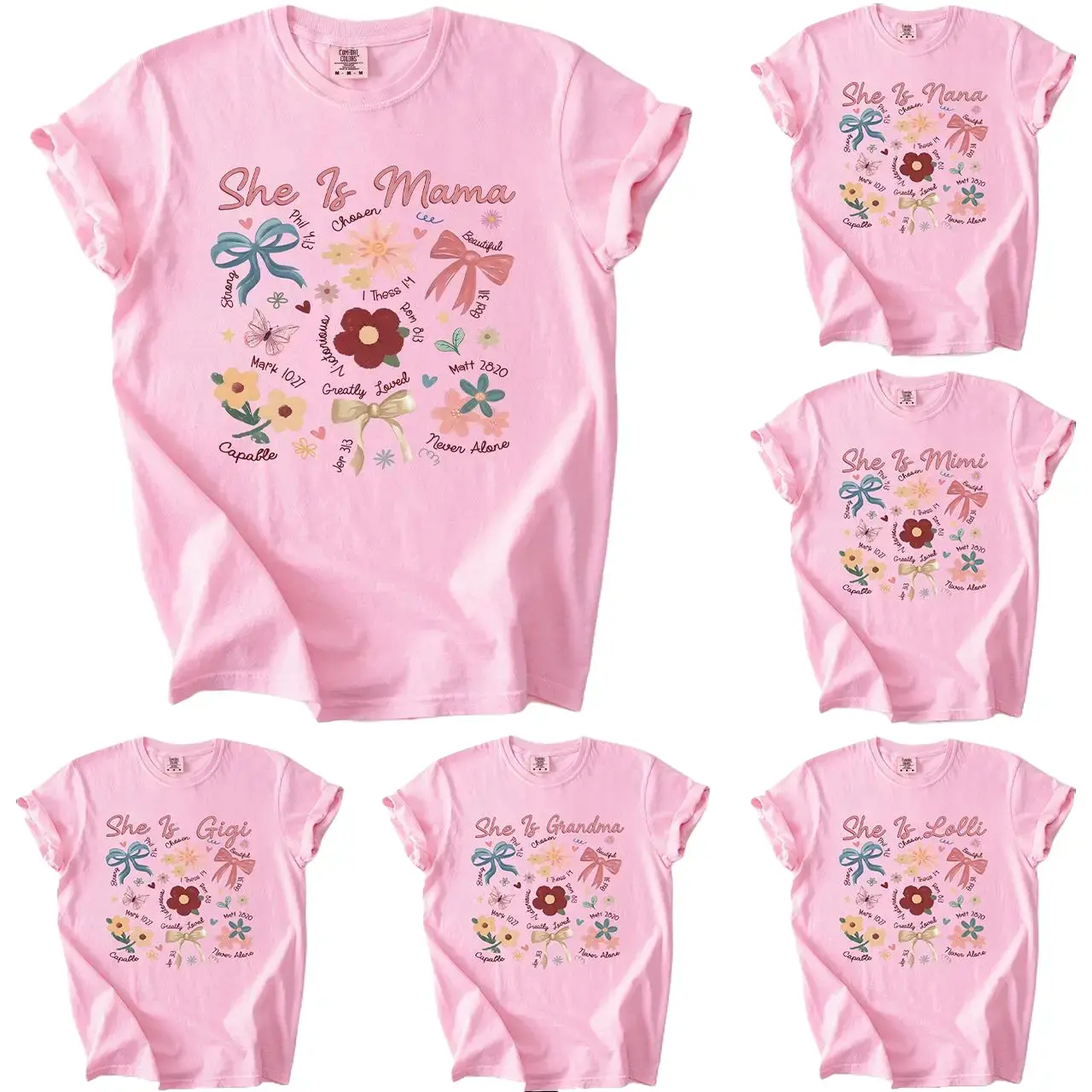 Custom She Is Mama Shirt, Comfort Colors Christian Grandma T-Shirt, Personalized Grandparent Gift, Nana Auntie Mimi Gigi Lala Gaga Shirt Top Apparel