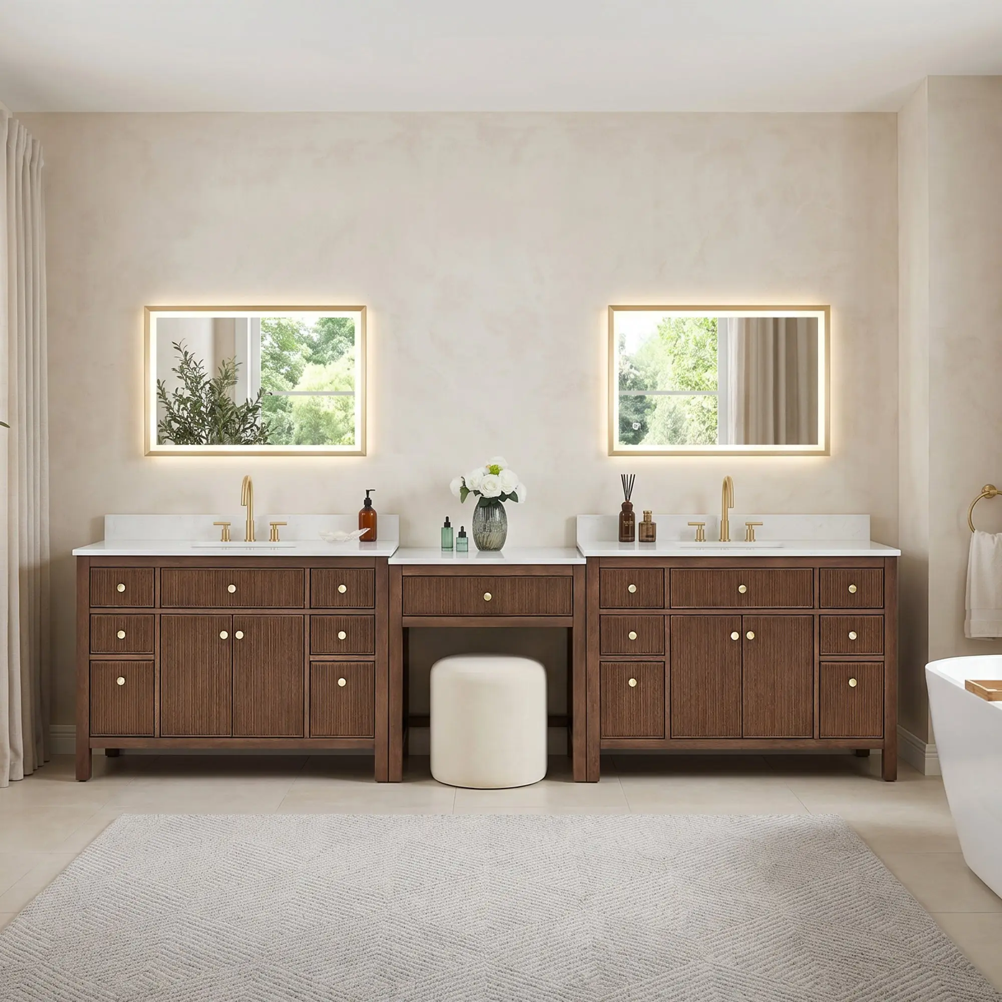 Cerrito 126" Double Bathroom Sink and Makeup Vanity Combo with Grain White Engineered Stone Countertop