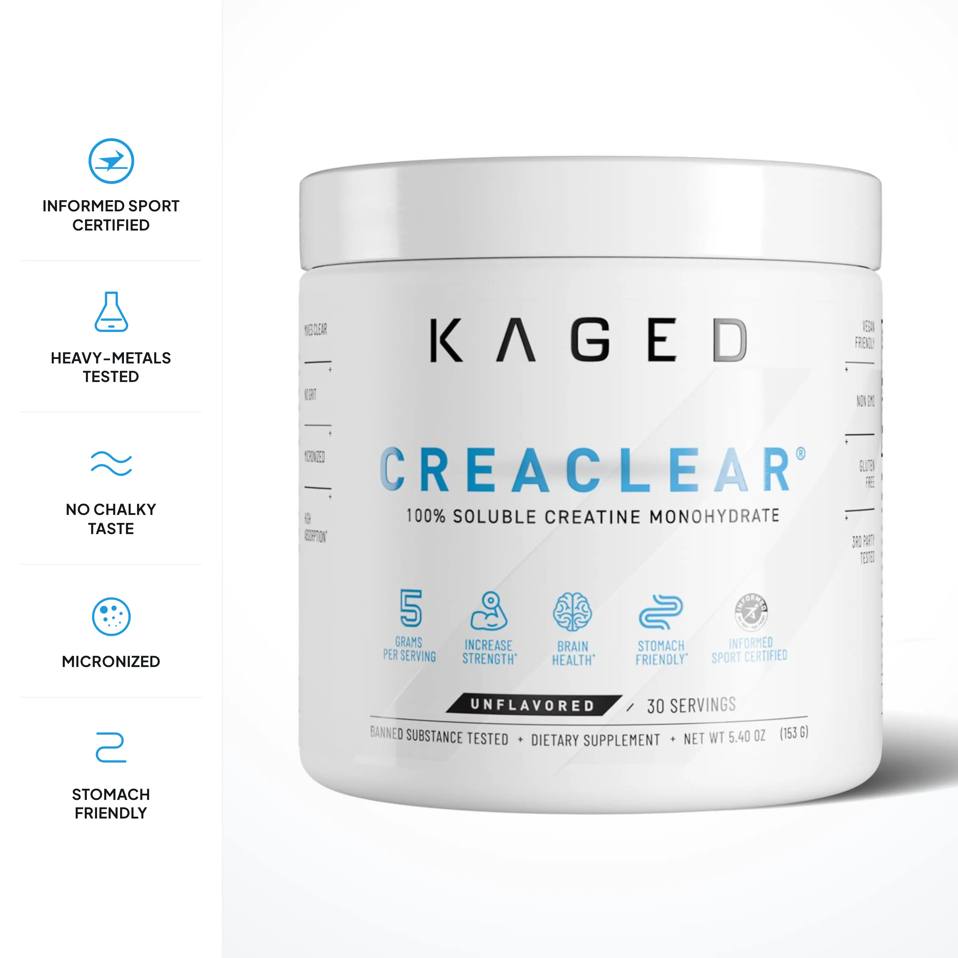 Kaged CreaClear Creatine Monohydrate Powder for Men & Women, 30 Servings | 5g Micronized Creatine, 100% Soluble, Mixes Clear, No Grit, No Bloat | Informed Sport Certified, Unflavored Muscle Builder Supplement