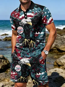 American 250th Anniversary Eagle Print Men's Polo Set, Patriotic Summer Two-Piece Matching, Casual Fitted Suit with Collar