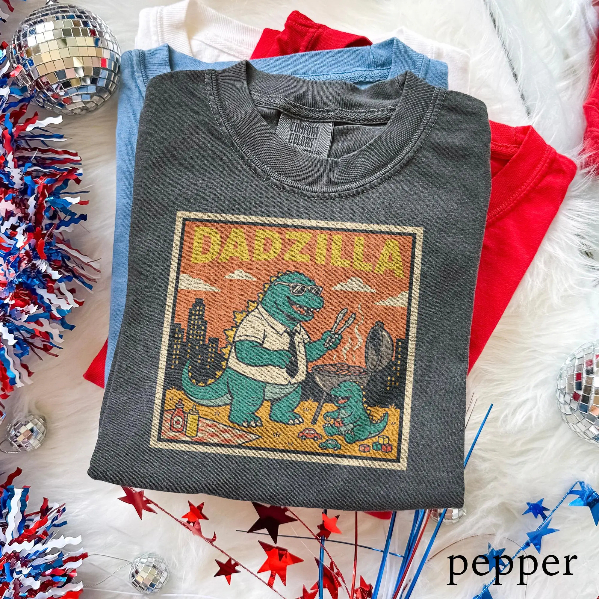 Dadzilla BBQ Fathers Day Graphic Tee, Funny Dinosaur Grill Master Dad Shirt, Retro Barbecue Humor Design, Comfort Colors Gift Tee