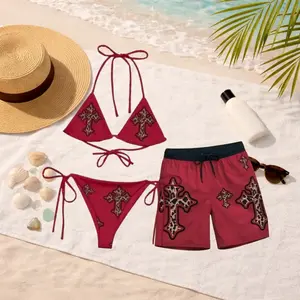 [Hot Summer 2026] Summer Red Leopard Cross Couple Swimsuit Set, Couple Beach Set Gothic Style Bikini & Sports Mesh Shorts for the Beach Party, Honeymoon Gift, Family Vacation Outfit