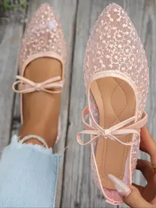 Women's Elegant Lace Pointed Mary Jane Sandals, Delicate Mesh Embroidery, Bow, Comfortable Flat Sole, Spring Summer Casual Shoes