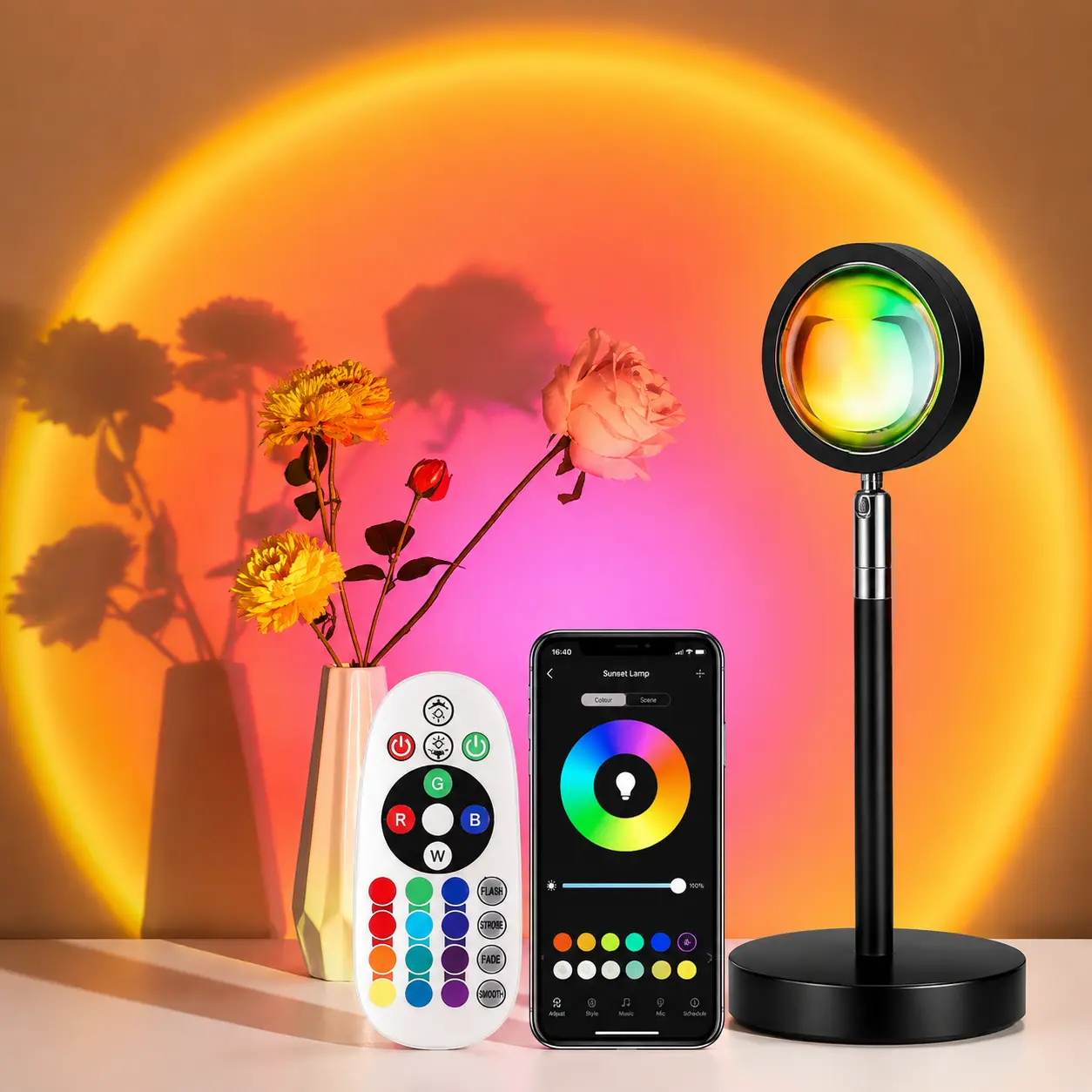 RGB Sunset Lamp with APP & Remote Control, 180° Rotating LED Projector Light, 16 Colors Adjustable Brightness, USB Powered Mood Night Light for Bedroom, Gaming Room, Photography, Party & Home Decor