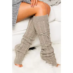 Women's Thick Knitted Print Leg Warmers, Corner Cable Design, with Long Tie