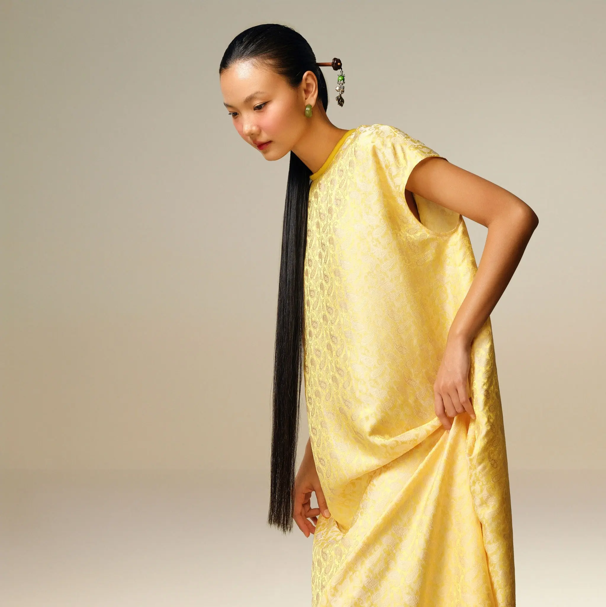 "Hoang Cuc" - Premium Worksilk Dress in Blooming Yellow