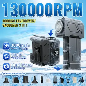 130000rpm New 6-in-1 Cooling Fan, Waist /Handheld/ Neck/ Desk Fan, USB-C Rechargeable, with Vacuum kit, with LED Display, 200W Power, 198km/h Wind Speed, Super Wind Pressure, High-Speed Portable Air Blower, Dual form design can switch freely