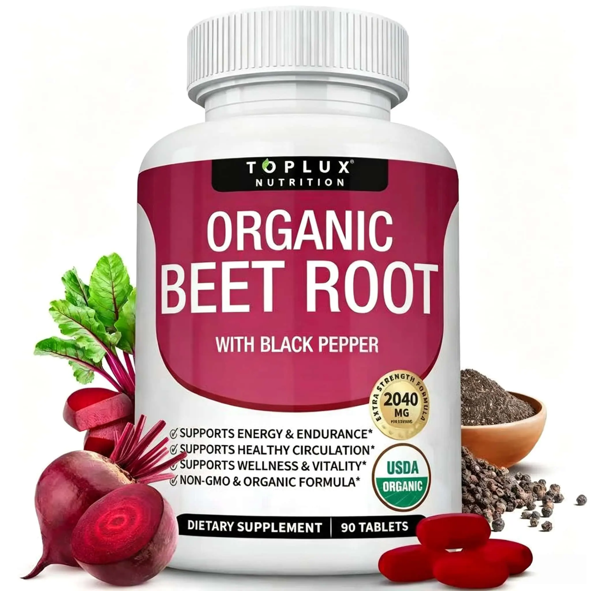 Toplux Organic Beet Root Tablets - Nitric Oxide Booster Beetroot Vitamins Supplement 2040mg