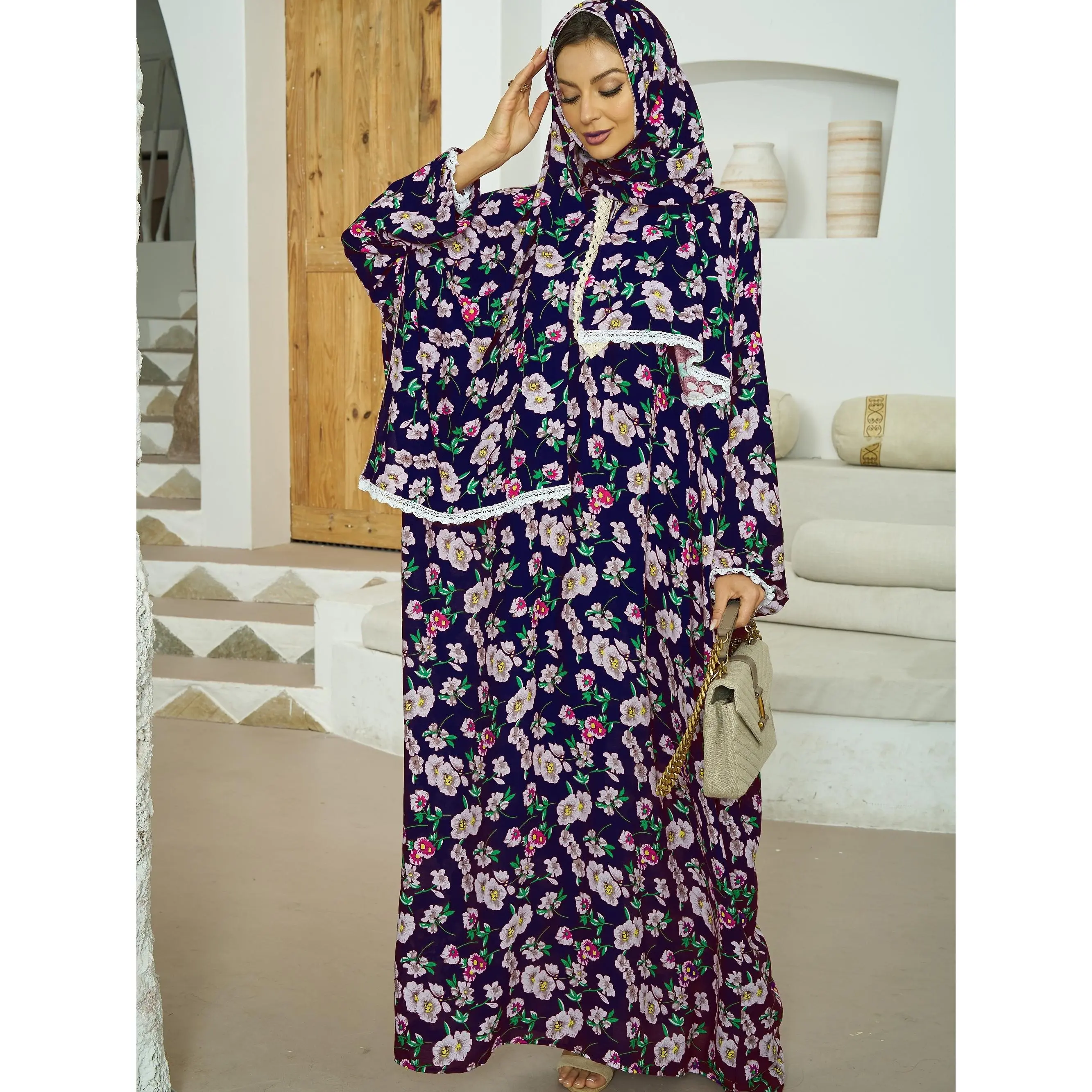 [Plus Size Modest Clothing] Ramadan Plus Size Floral Pattern Prayer Modest Dress, Elegant Lace Trim Long Sleeve Dress With Hijab, Women's Plus Size Clothing