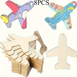 8 Piece Unfinished Wooden Airplane DIY Craft Kit, Multi-Functional Hanging Decorations for Weddings, Birthdays, Christmas, Halloween, Easter