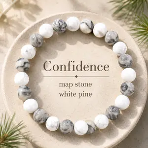 Casual Beaded Bracelet with 8mm Natural Map Stone & White Pine, Self-Confidence Jewelry, November Birthstone Graduation Gifts, College Graduation Gifts