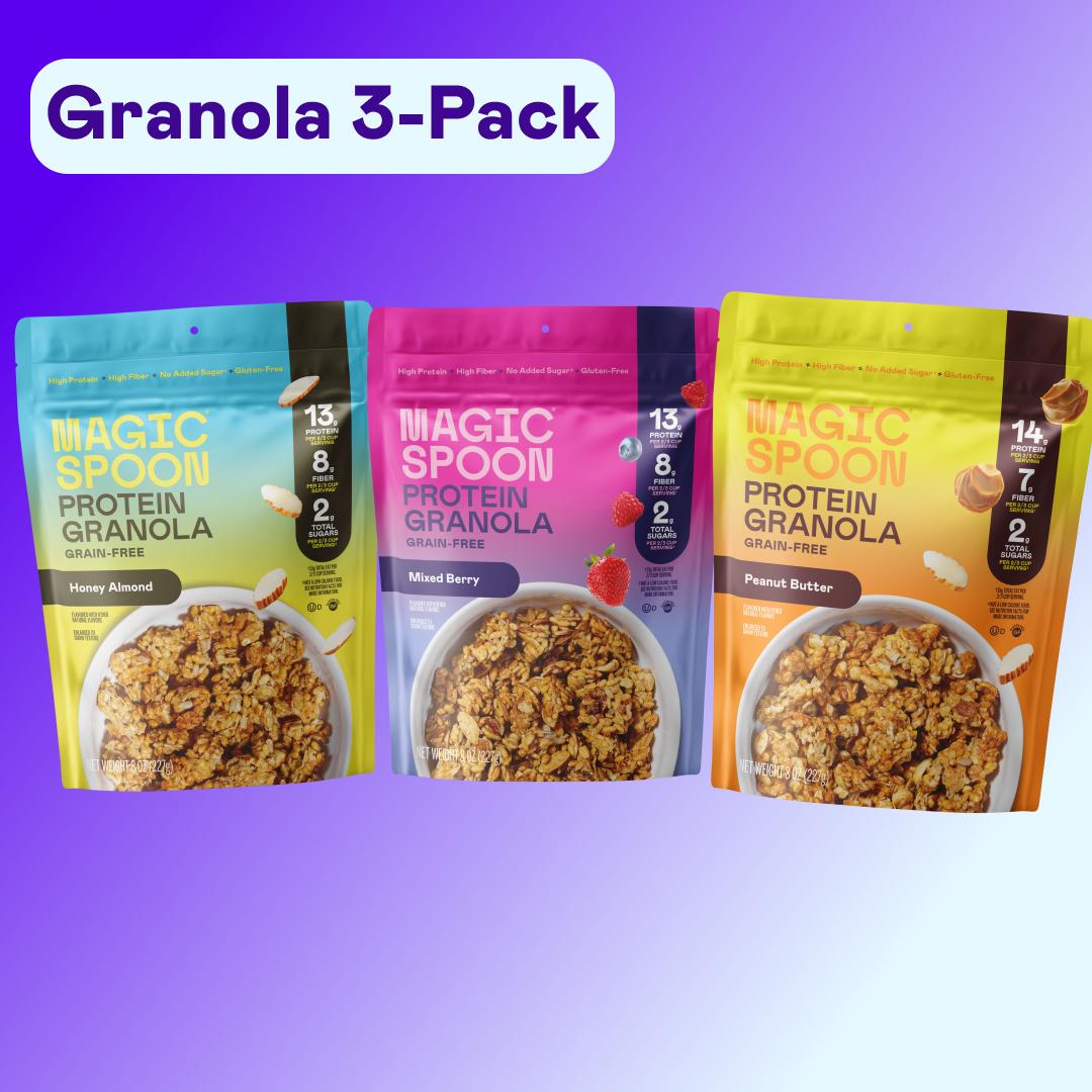 Magic Spoon Protein Granola Variety Pack of 3, High Fiber Breakfast Food, Grain-Free, Gluten-Free Muesli Oatmeal - Peanu