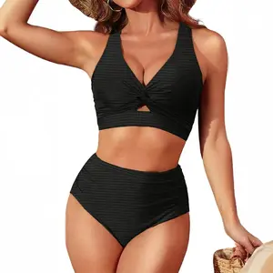 Sunkiss Swim Women's Textured 2-Piece Tankini Set - Twist Front Top, High-Waisted Bottoms for Beach Vacation, Summer Water Sports SwimWeek Outfits