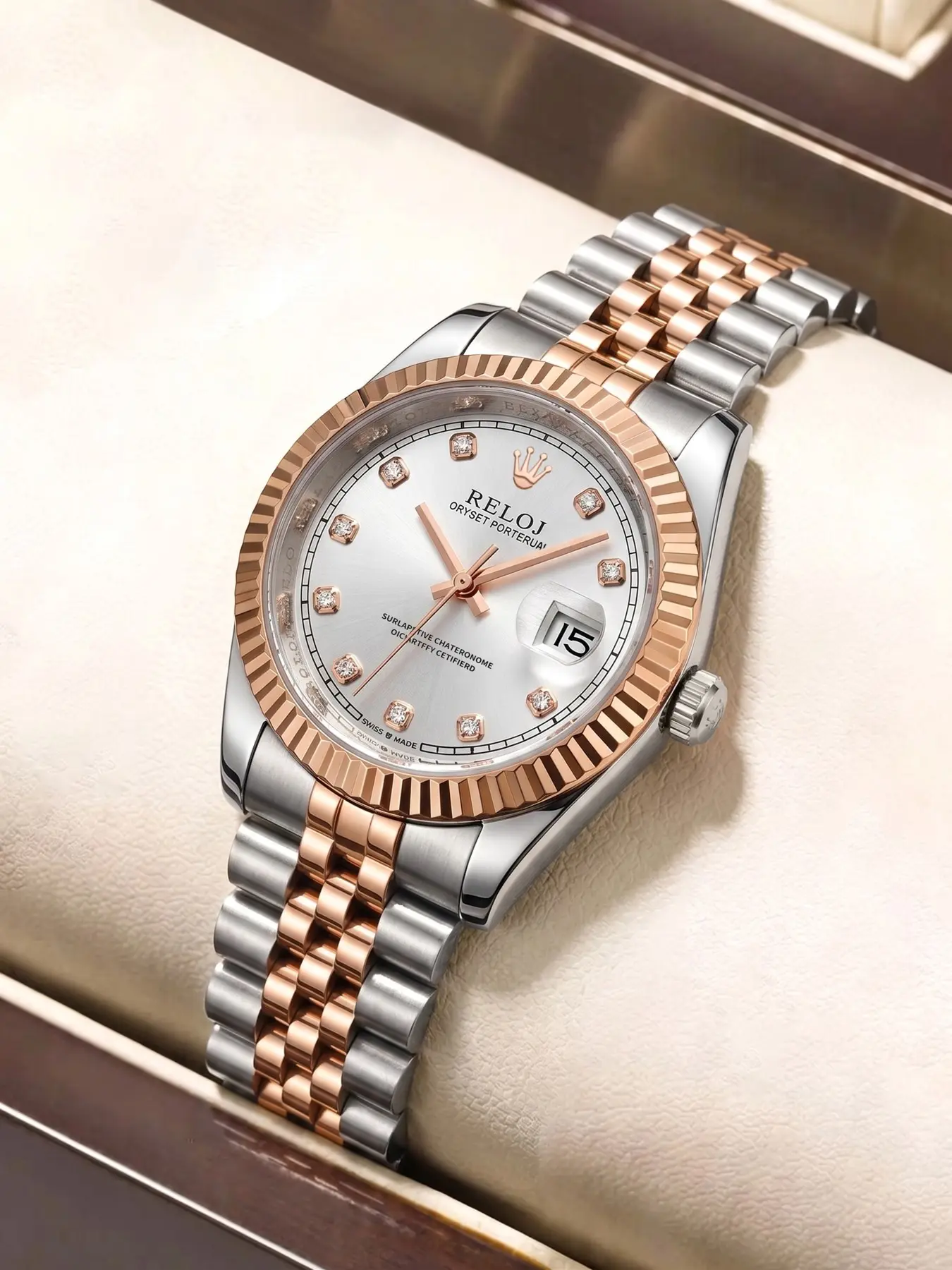 Temperament Room Gold Rose Gold Women's Quartz Watch with Diamond Inlaid Calendar Waterproof Steel Strip Watch Light Luxury Diary Style Versatile Women's Watch Workplace Dating High End Sense Watch