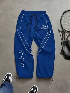 Men's Fashion Letter Print Pants, Taslon Fabric, Colorblock Stripes, Casual Sport Long Pants, Ideal for Daily Wear, Outdoor Hiking