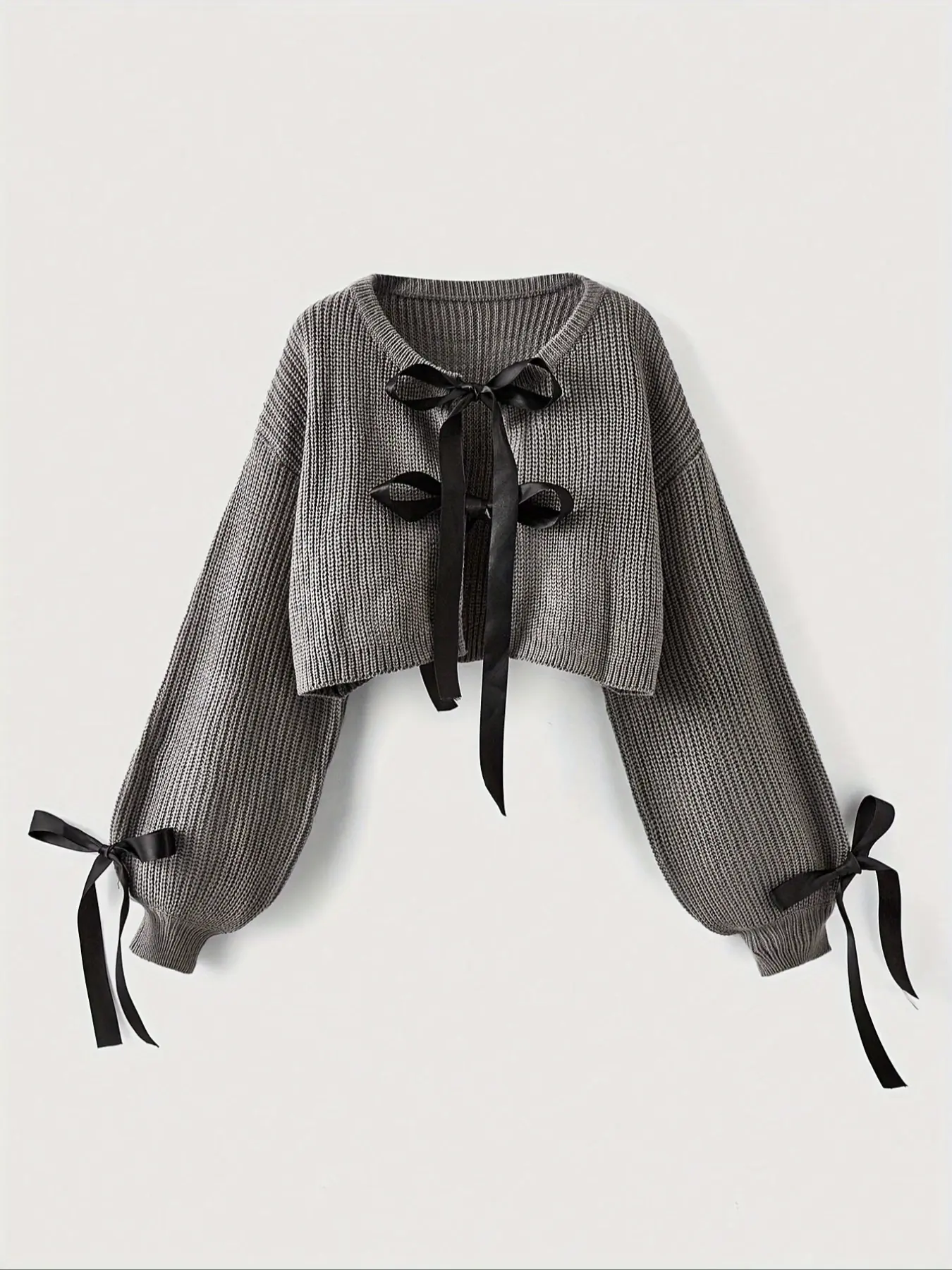 Women's Tie Front Ribbon Cardigan, Cute Bow Knot Cropped Jumper, Y2K Coquette Top for Spring & Party, Grey Knitwear