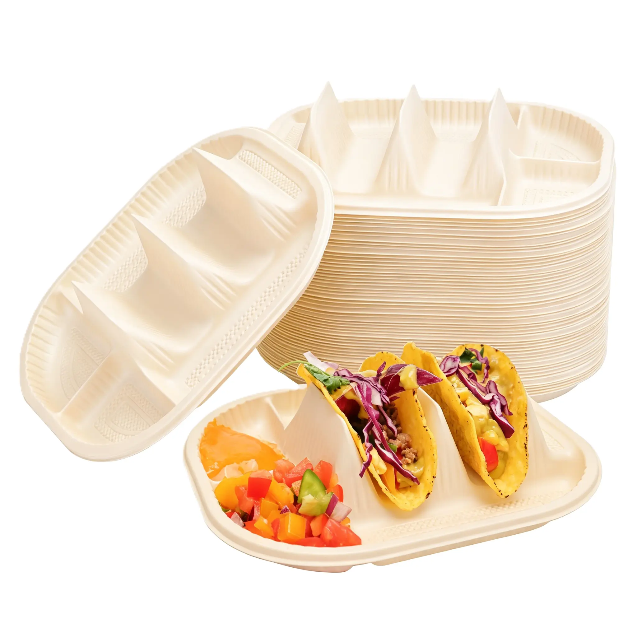 50-Pack Food-Grade Compostable Disposable Plates, Eco-Friendly Waterproof Cornstarch Taco Holders with Dipping Sides, Mini Size for 4-6in Street Tortilla Shells, Sturdy Heat-Resistant Microwave-Safe Taco Tuesday Party Tableware Supplies Set