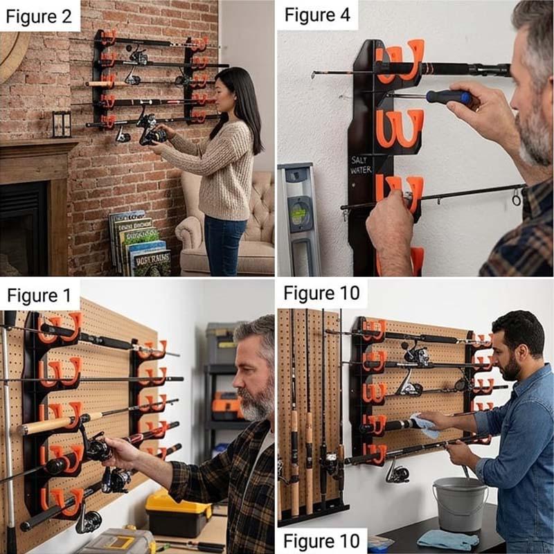 Space-saving 2-piece fishing rod rack | Wall-mountable or ceiling-mounted, featuring soft TPU padding and ABS plastic construction, suitable for storing surf fishing, spinning, aluminum alloy, and trolling rods (accommodates up to 5 rods)