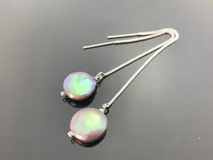 Peacock Freshwater Coin Pearl Threader Earrings · 925 Sterling Silver Ear Threads · Elegant Gift for Her