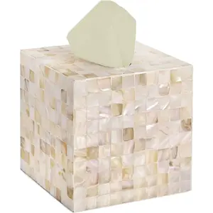 Decorative Square Tissue Box Cover 5.9 x 5.9 x 5.9 in, Mosaic Mother of Pearl Inlay Tissue Box Holder, Decorative Storage for Bathroom Bedroom Office (White)