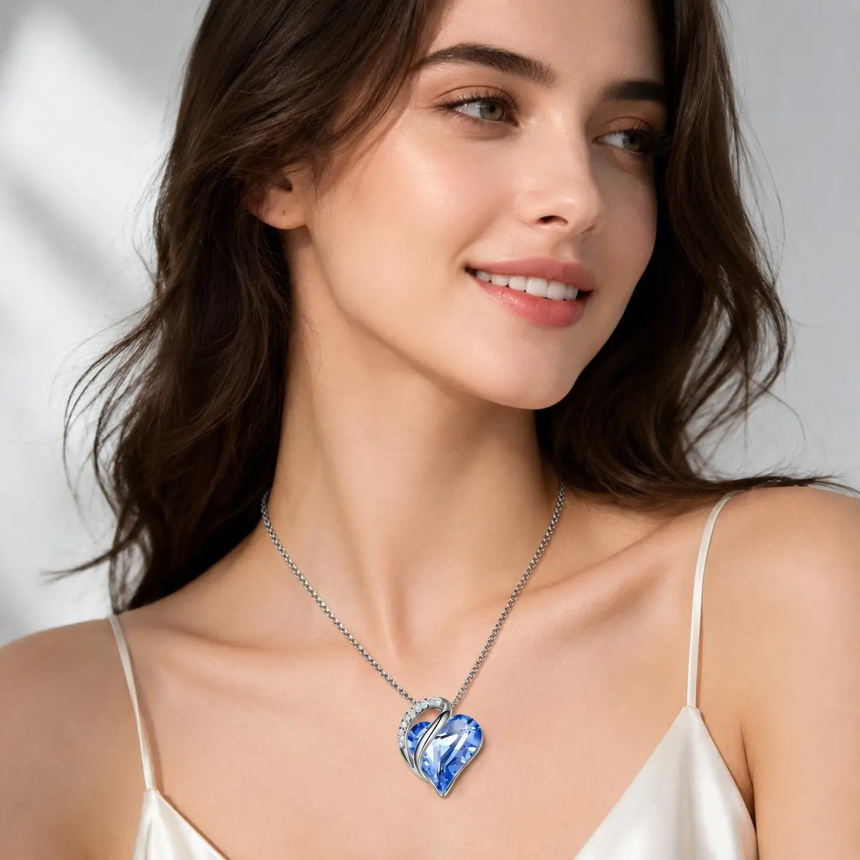 Women's Blue Heart Crystal Infinity Necklace - Silver Pendant, Adjustable Box Chain, Hypoallergenic Female Costume Jewelry, Elegant Casual Gift for Birthday, Mom