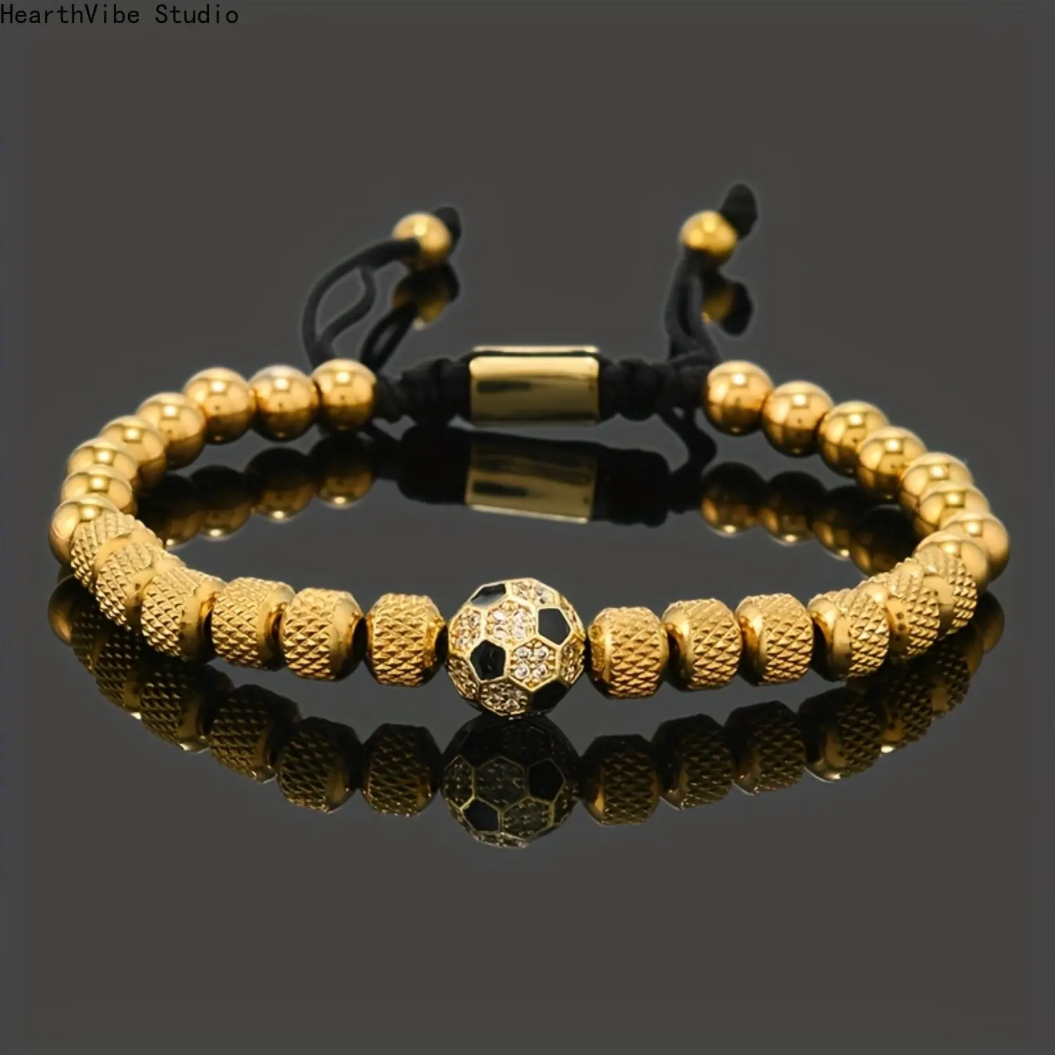 Men's Stainless Steel Beaded Bracelet with Soccer Ball Charm, Adjustable Golden-Tone Casual Sports Jewelry Gift, Adjustable Beaded Design, Men's Jewelry, Beaded Bracelets, Christmas, Men's Accessories