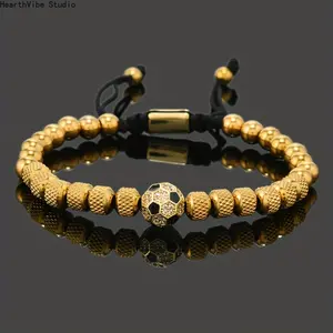 1pc Stainless Steel Beads Royal Golden-Tone Football Charm Bracelet for Men - Adjustable Beaded Chain with Soccer Ball Pendant, Durable Casual Jewelry Gift for Christmas, Valentine’s Day
