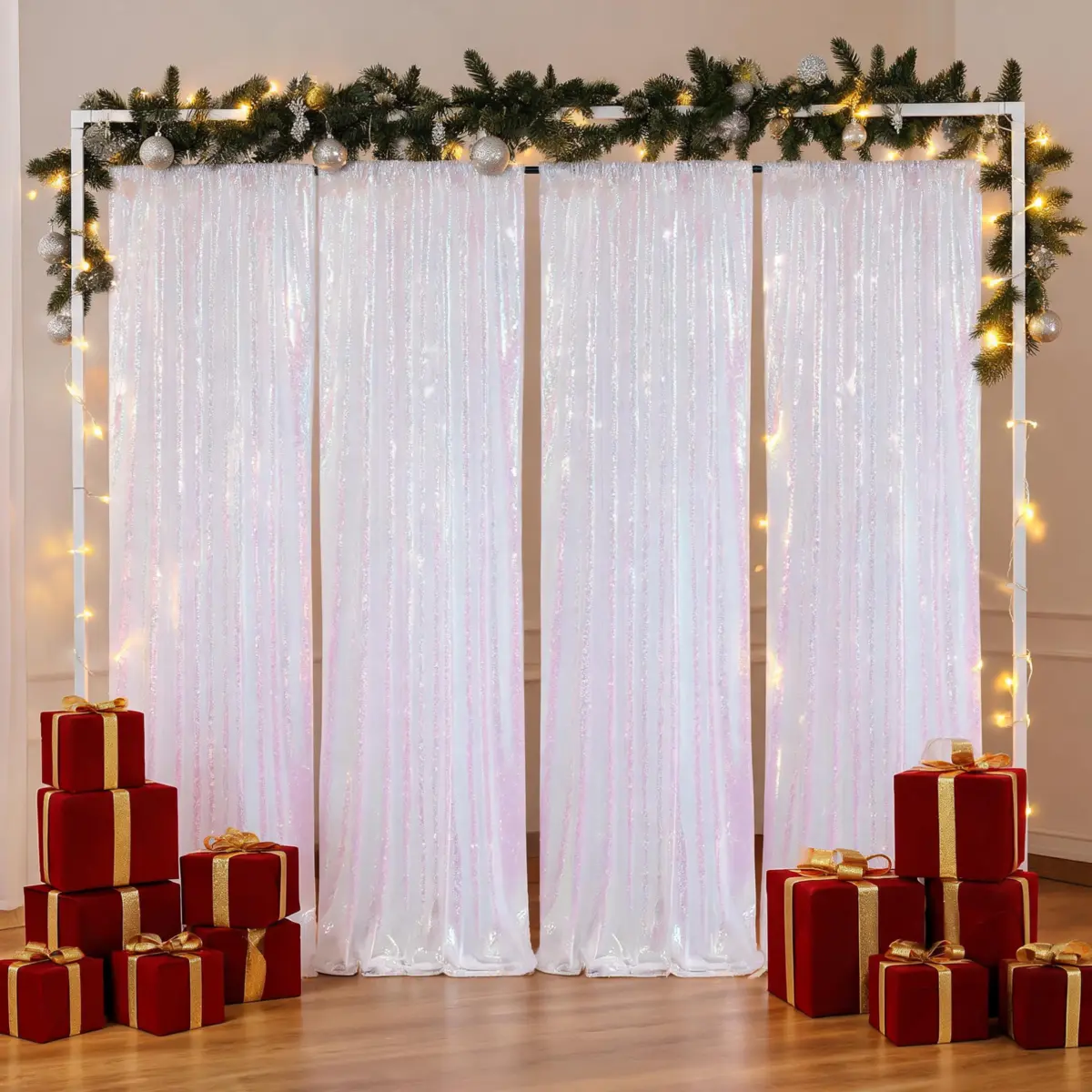 White Iridescent Sequin Backdrop Curtain 6 Panels 2ft x 8ft for Wedding Photography Studio Party Birthday Christmas Halloween Thanksgiving Glitter Drapes