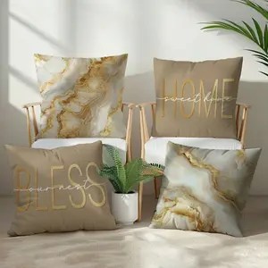 4pcs Simple Daily Home Yellow Marble Pattern Pillow Cover Set, Single-Sided Printed Peach Velvet Material, Home Textile, 45*45/50*50/40*40CM Cushion Cover For Modern Fabric Sofa Indoor Decor, Party Decoration, Gift