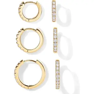 18K Gold Plated 925 Sterling Silver Posts 3 Pairs Hoop Earrings Set for Women Huggie Earring Pack