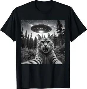 Funny Cat Selfie With Alien UFO Men Women Kids T-Shirt