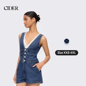 Cider Denim V-Neck Button Front Metal Detail Jumpsuit