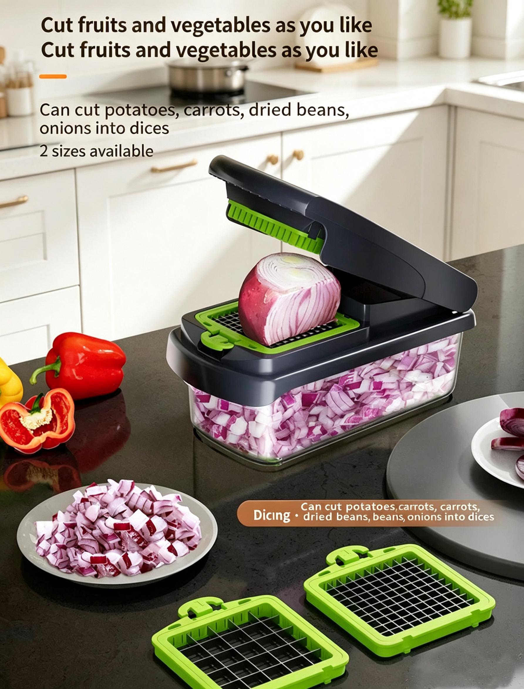 Multifunctional Vegetable Chopper, Kitchen Mandoline Slicer for Potato, Carrot & Cucumber, Easy Food Dicer Cutter Shredder Grater with Stainless Steel Blades, Time-Saving Cooking Tool for Home & Commercial Use