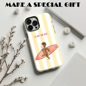 Phone Case: Cartoon Monkey Surfing Board Yellow Stripes Cute Aesthetic Two-In-One Film Case, Tough, Dual Layered Case for Superior Protection, Durable, Drop-proof, for iPhone 17 16 15 14 13 12 11 8 7 X XS XR Plus Pro Max Mini, Birthday Christmas