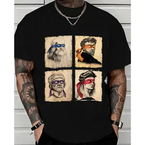 Graphic Tee Mens Casual Short Sleeve T Shirt Featuring Humorous Italian Artists and Teenage Mutant Ninja Turtles Artwork Regular Fit Round Neck Tee for Art Enthusiasts and Ninja Turtle Fans Oversized Casual Men's Letter Pattern Printed T-Shirt