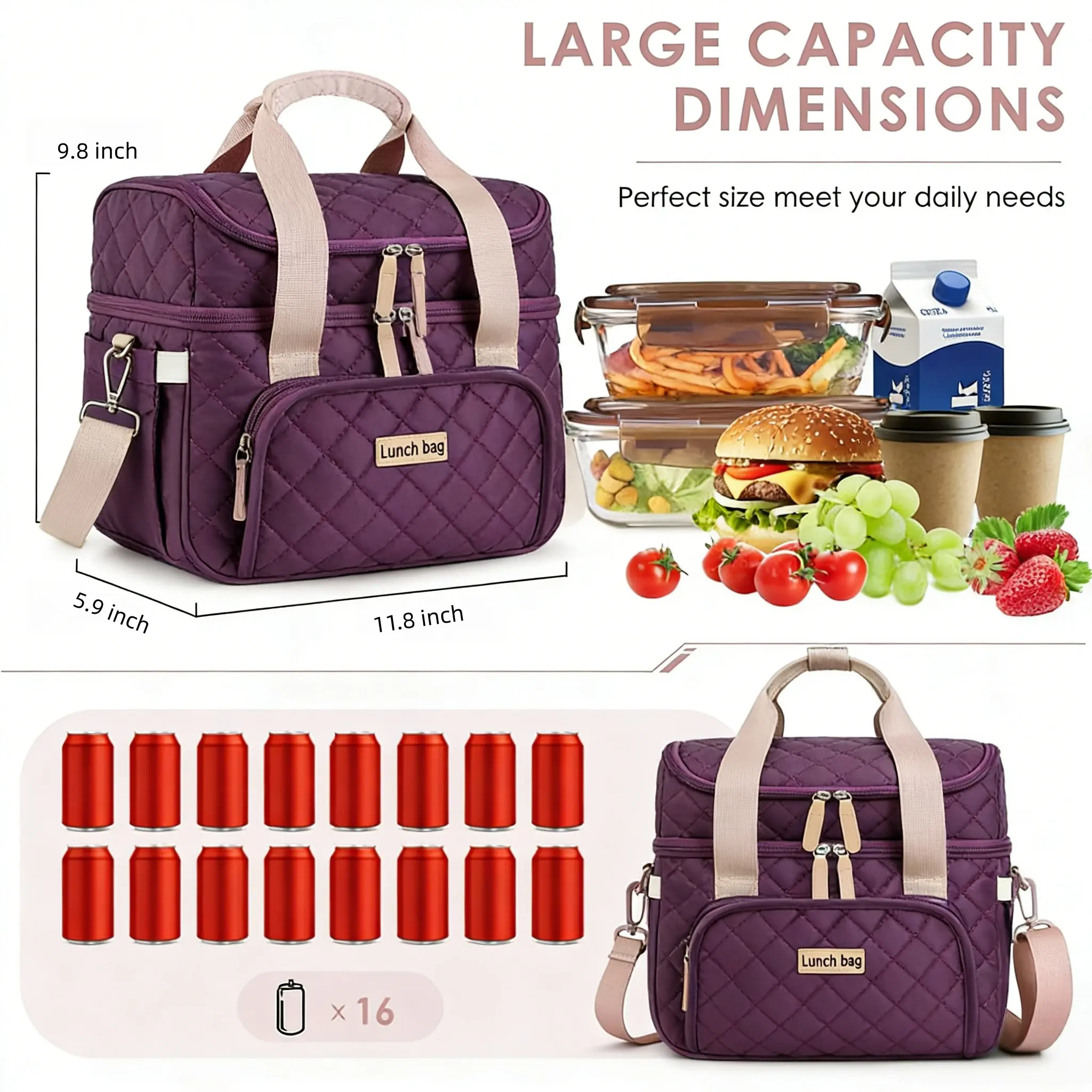 Lunch Bag for Women Men,Double Deck Lunch Box for Women,Quilted Lunch Tote for Work,Insulated Lunch Cooler Leakproof Lunchbox for Adult with Shoulder Strap &Pockets for Picnic Hiking