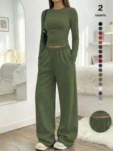 Women's Solid Ruched Adjustable Drawstring Loungewear Set, Casual Breathable Long Sleeve Round Neck Top & Pocket Wide Leg Trousers, All Seasons Sleepwear