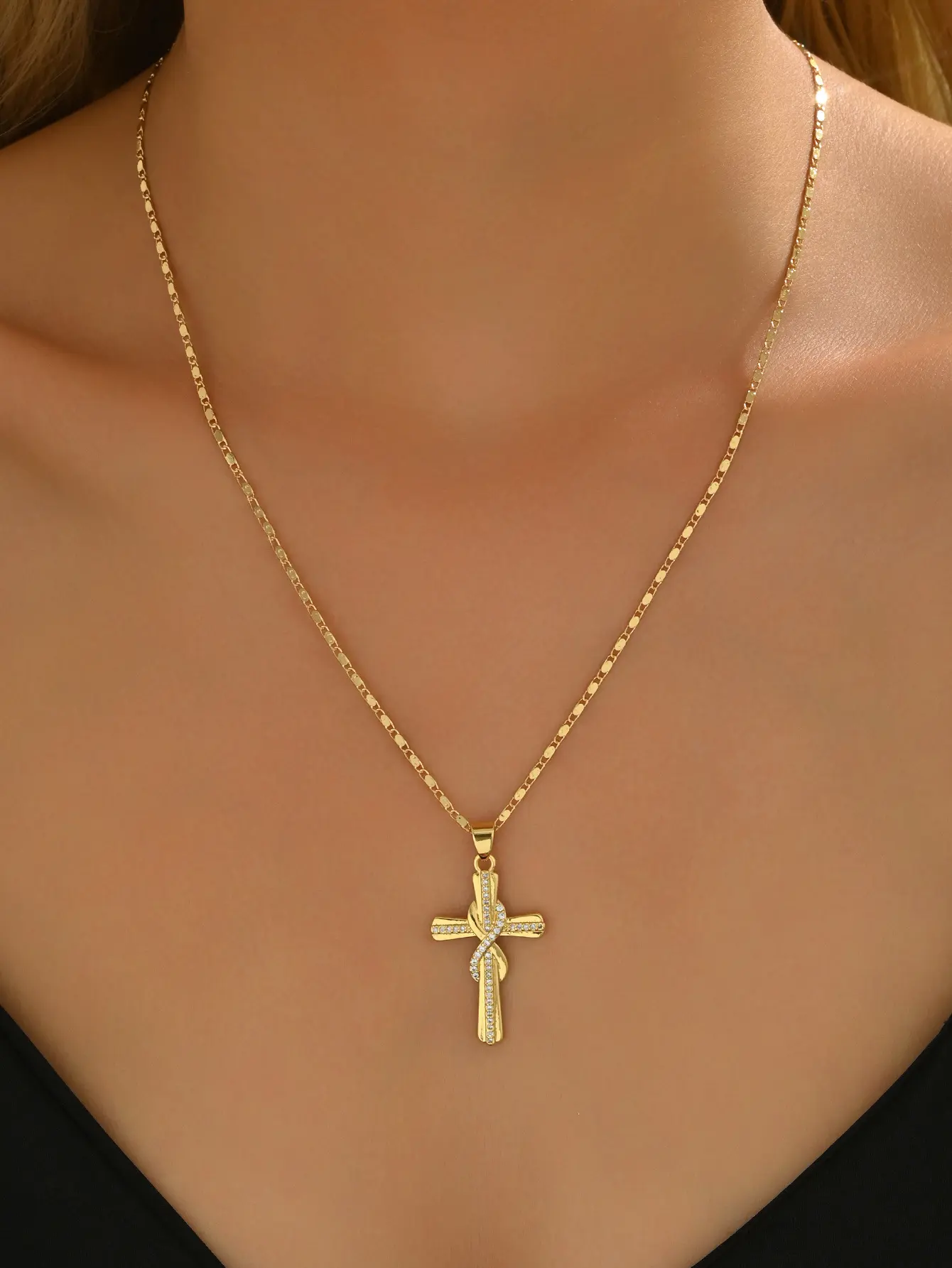Gold Plated Infinity Twisted Cross Necklace for Women, Dainty Copper Inlaid Cubic Zirconia Cross Pendant Necklace, Luxury Faith Religious Jewelry, Eternal Love Couple Gift Necklaces
