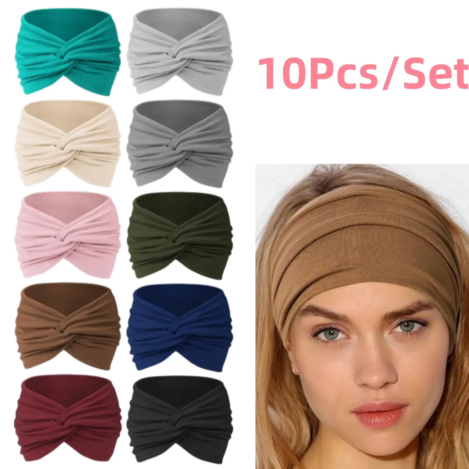 10Pcs/Set Soft Stretch Wide Sweat Absorbing Headbands - Non-Slip Elastic Bohemian Knotted Hair Wraps for Yoga, Sports, Assorted Colors Hair Accessories, Christmas Party Gifts, Sweat Absorbing Headband