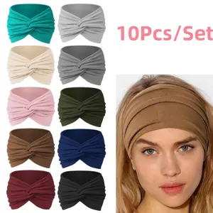 10Pcs/Set Soft Stretch Wide Headbands,Non-Slip Elastic Bohemian Knotted Hair Wraps for Yoga,Running & Sports,Assorted Colors Hair Accessories,Christmas Party Gifts,Fashion Accessories