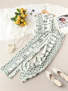 Plus Size Womenswear Round Neck Sleeveless Waist Cinching Wide Leg Geometric Triangle Print Lightweight Drape Fit Jumpsuit