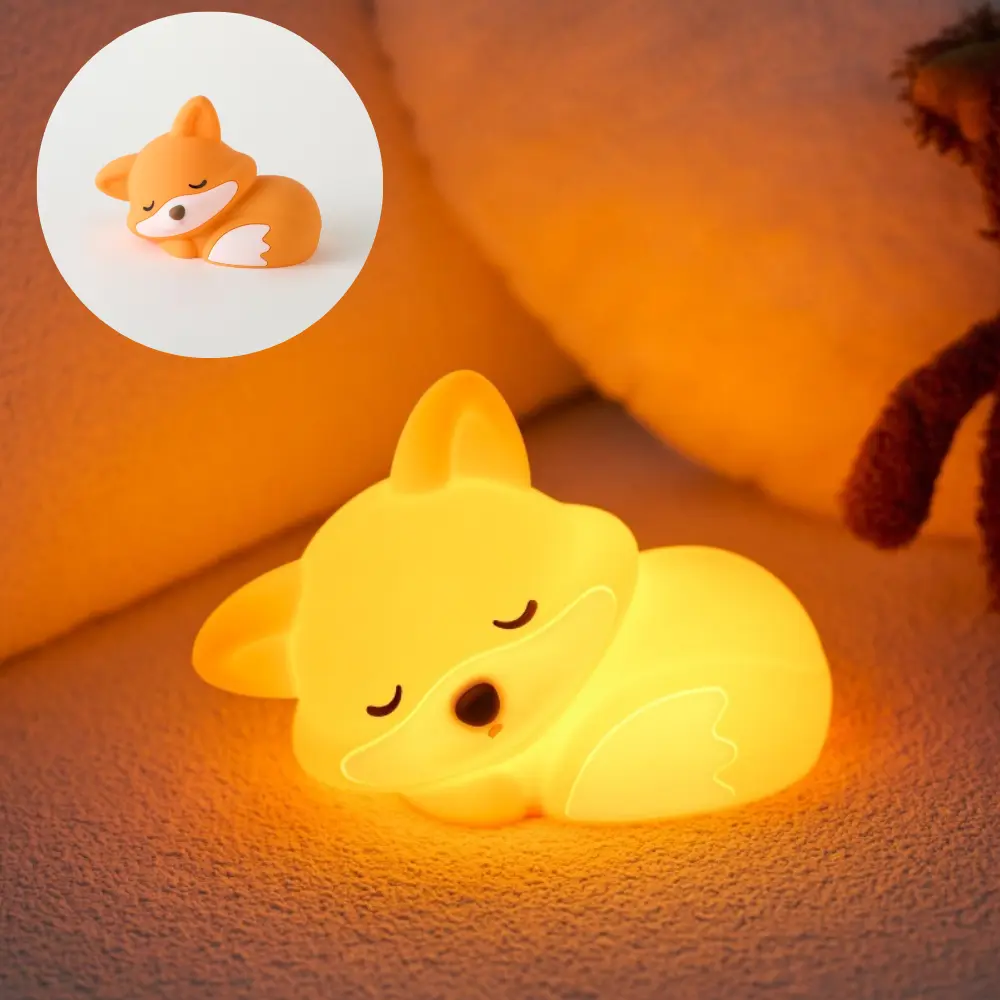 Fox LED Squishy Animal Night Light - Food Grade Silicone, 2-Level Dimmable, Timer-Equipped Table Lamp, Whimsical Nursery Room Decor, Thanksgiving/Easter Kids Gift, White Elephant Baby Item