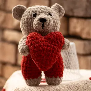 Gray Teddy Bear Stuffed Animal Plushie With Heart in Overalls