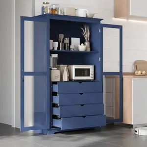 44.7x20x75inch Kitchen Pantry, Freestanding Kitchen Storage Cabinet Display Cabinet with Glass Doors and 4 Built-in Drawers for Living Room, Home Office, Blue