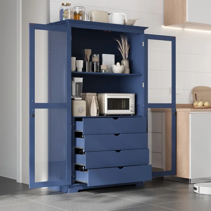 44.7x20x75inch Kitchen Pantry, Freestanding Kitchen Storage Cabinet Display Cabinet with Glass Doors and 4 Built-in Drawers for Living Room, Home Office, Blue