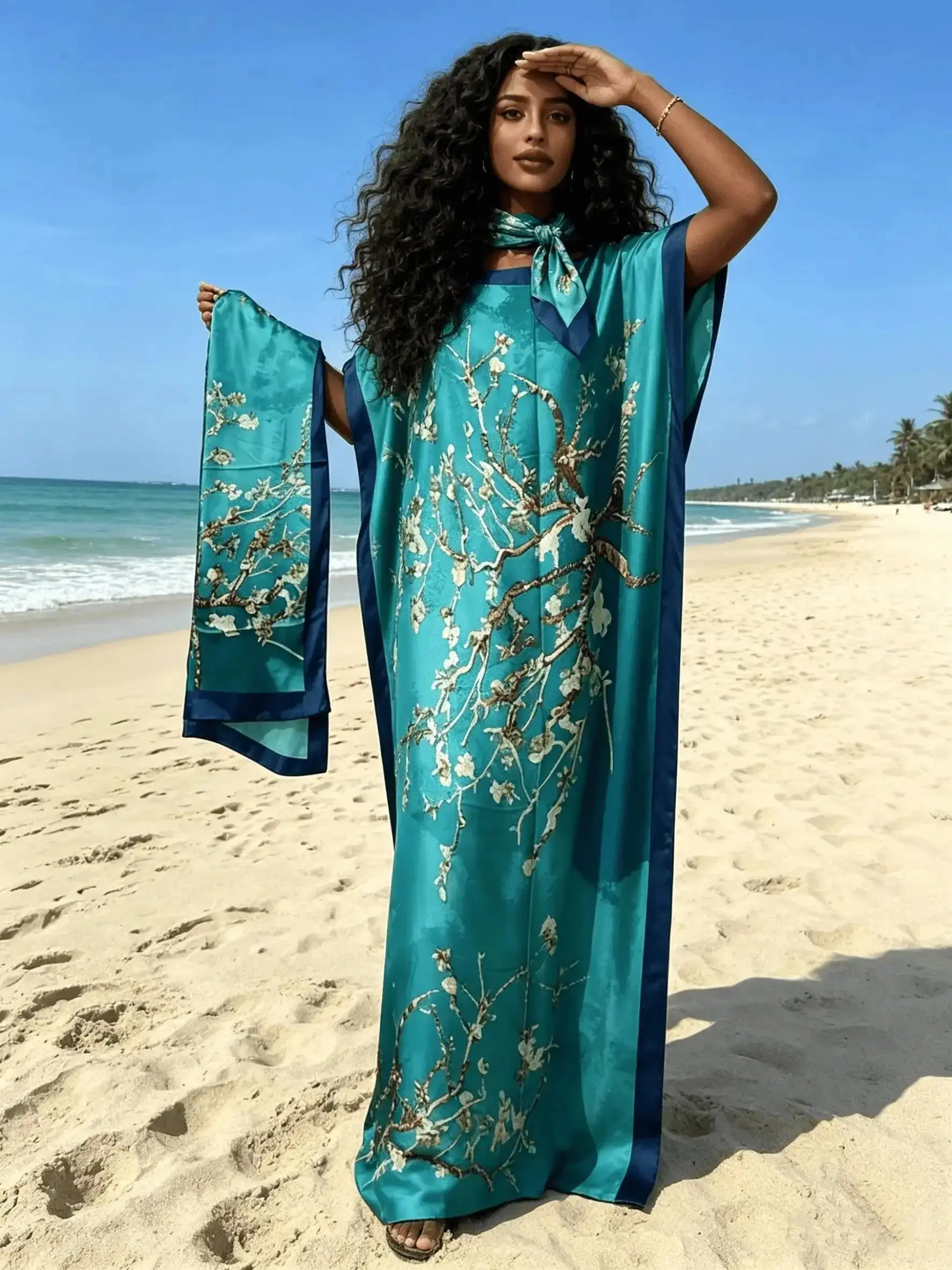 Teal Golden Plum Blossom Branch Print Kaftan Dress with Matching Scarf, Plus Size Abaya with Loose Batwing Sleeve Maxi Silhouette, Modest Beach Cover Up Style, curve friendly, inclusive fit, flattering silhouette