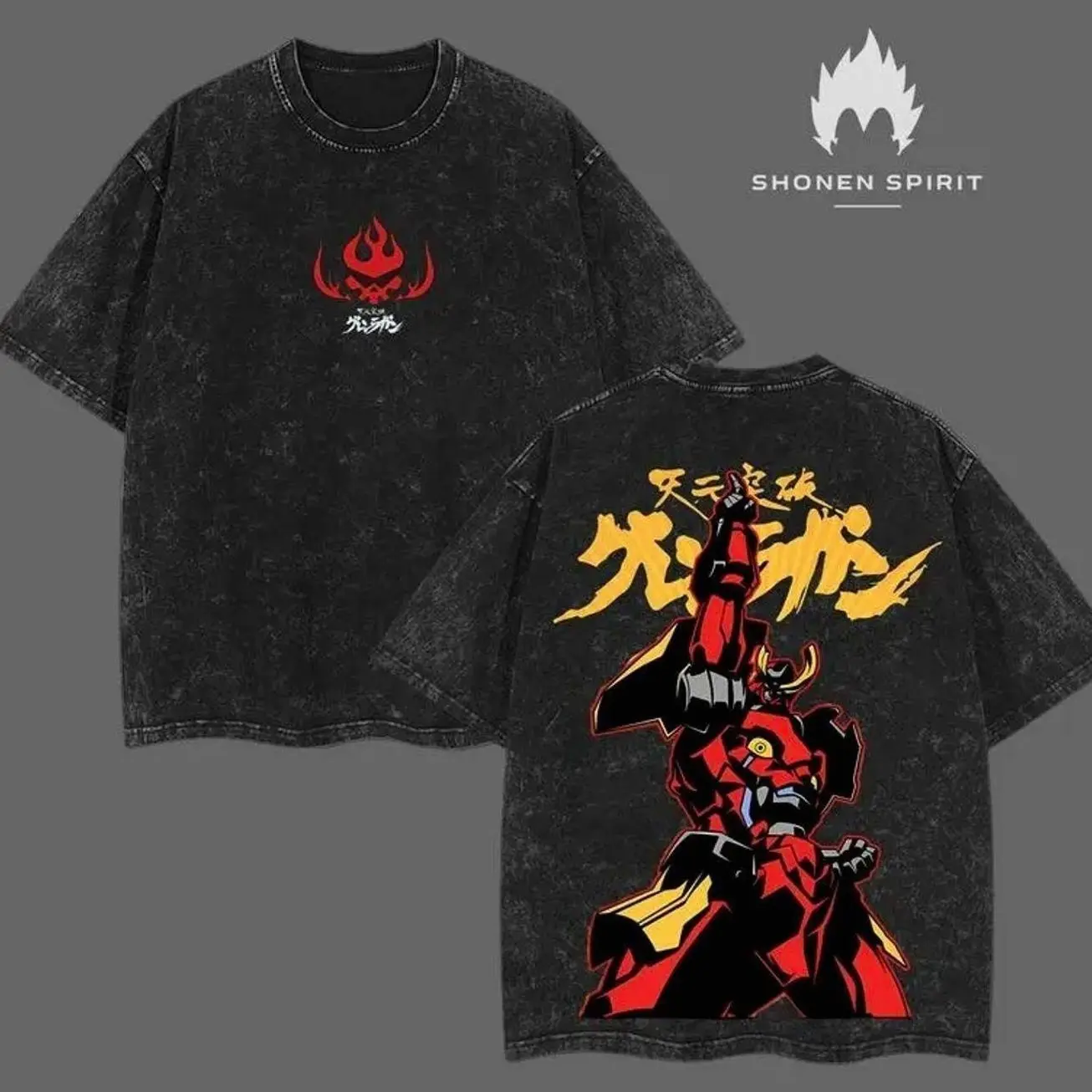 Gurren Lagann Oversized Tee – Washed Heavyweight Cotton, Double Printed Kamina & Simon Mecha Graphic with Spiral Energy Aesthetic, Vintage Anime Streetwear for Mecha Fans, Oversize Shirt, Vintage Outfit, y2k Styles 7F0