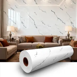 Carrara White Marble Peel and Stick Wallpaper, Glossy Texture Vinyl Wall Panels, Waterproof Renter Friendly, 23.6" x 118", TV Wall,, Foyer, Coffee Shop