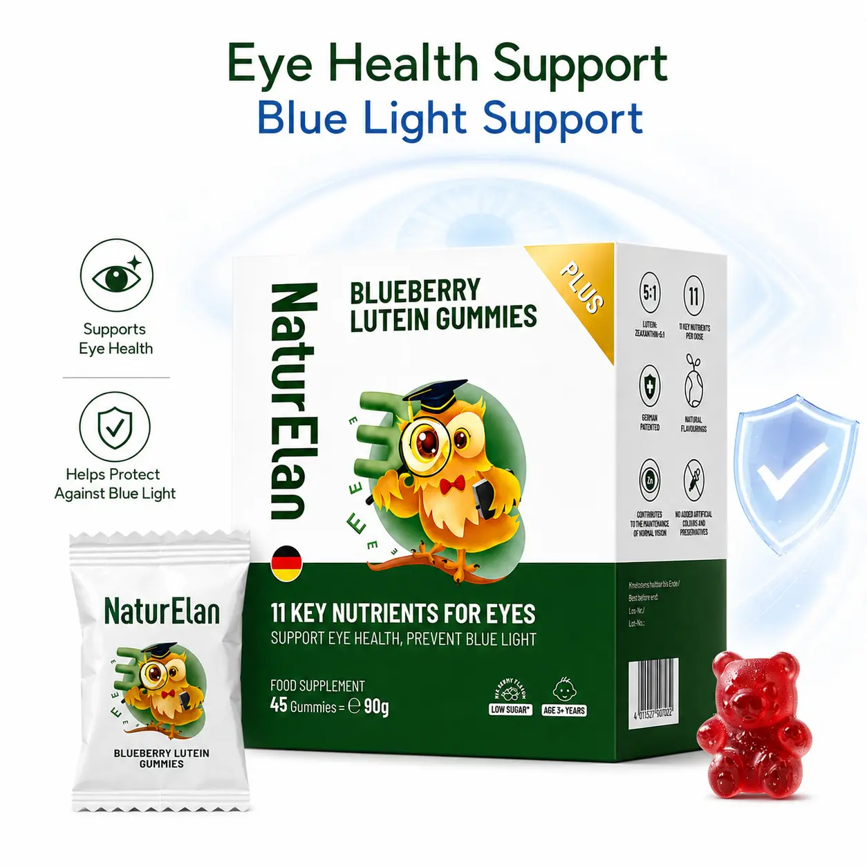 NaturElan Nobel-Grade Eye Support Gummies - Lutemax2020 & European Bilberry | 5D Vision Protection, 0 Sugar