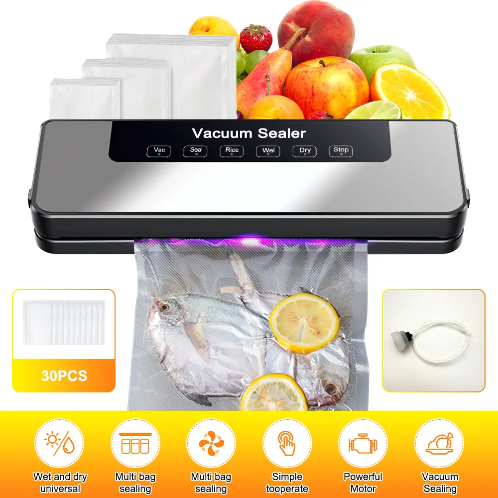 Vacuum Sealer Kit 65kPa, Includes 50 Vacuum Sealing Bags, Features Dual Dry/wet Modes, 6-in-1 Sealer Easy to store And Sous Vide Cooking, Extends Food Freshness By 5 Times, Automatic Sealing Machine, Suitable for kitchens